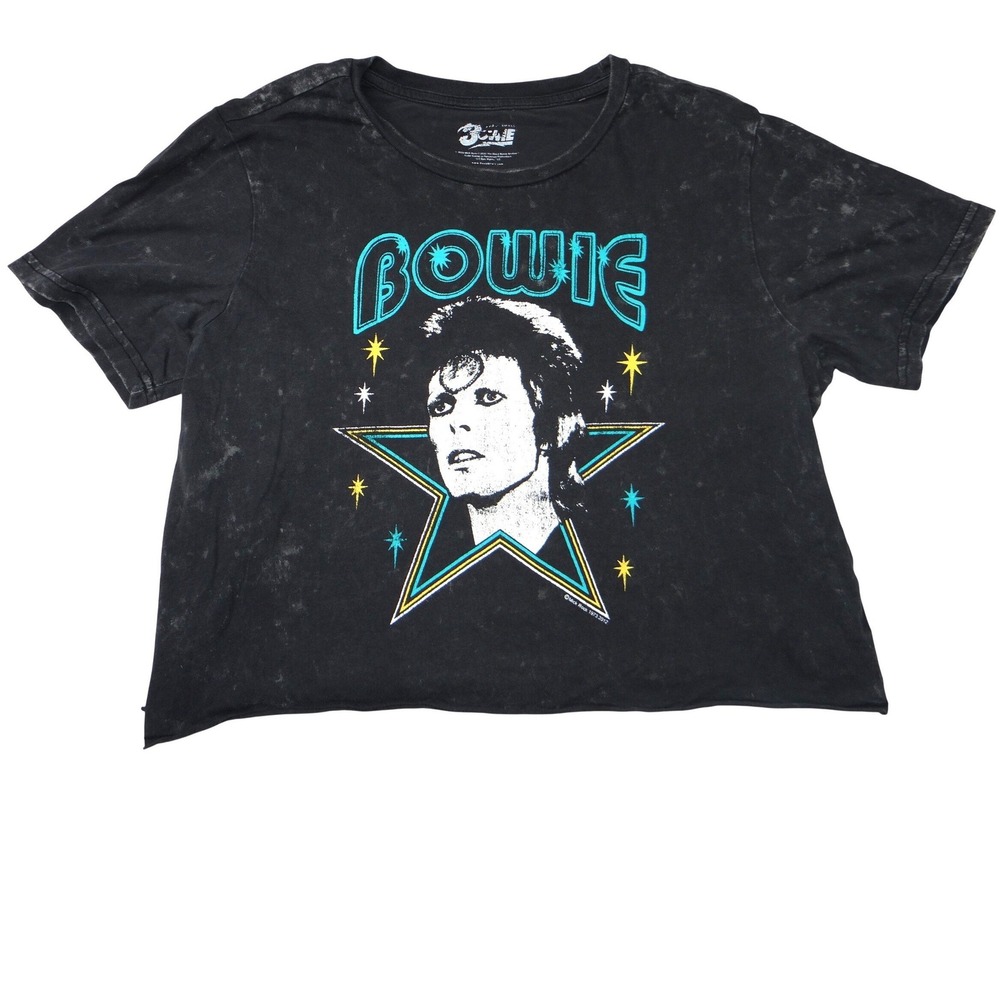 David Bowie Graphic Crop Top Shirt Black Acid Wash Mick Rock Small 1677